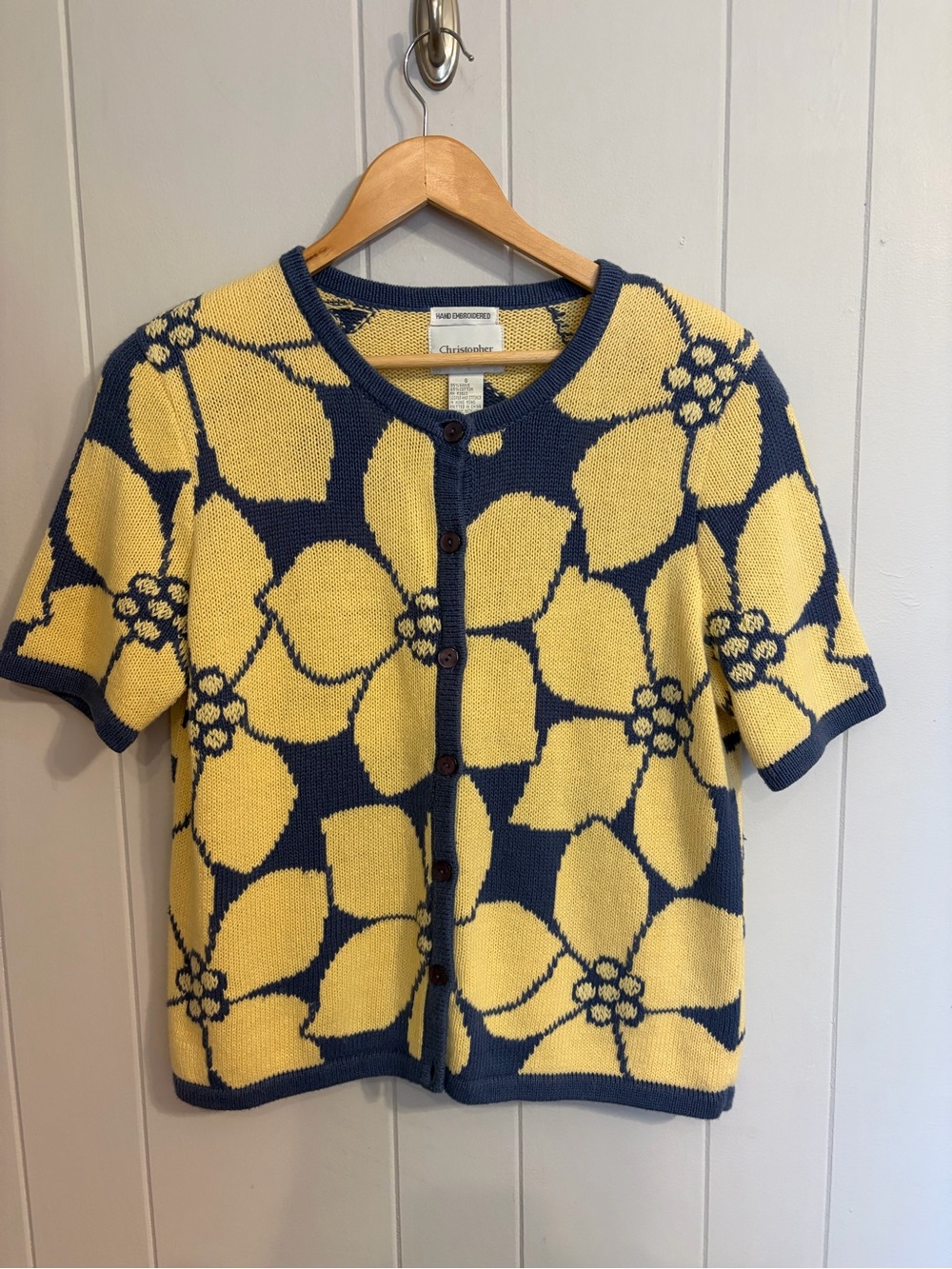 Christopher & Banks, 2002 Yellow and Navy Floral Short-Sleeve Cardigan
